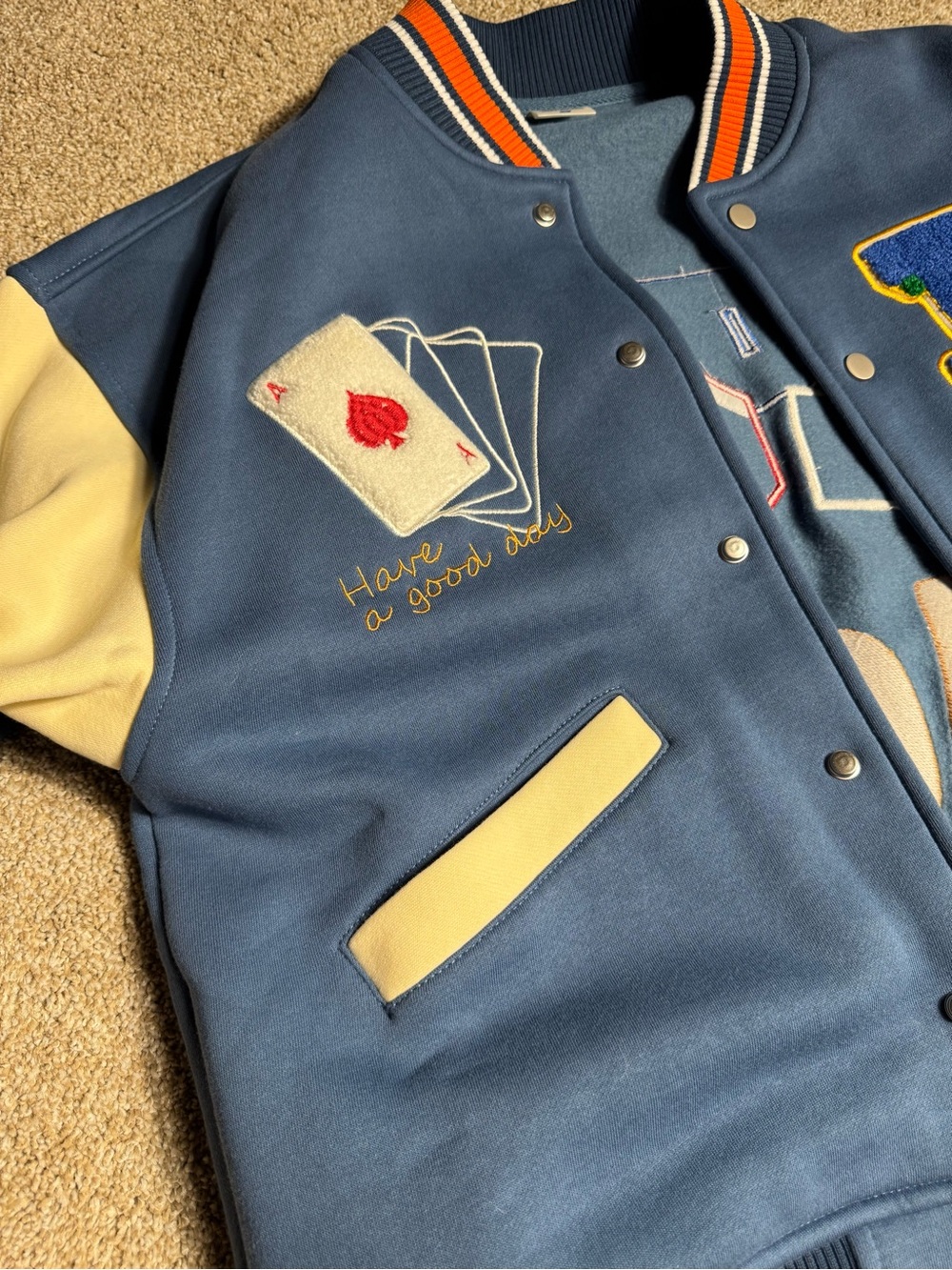 Blue & Cream 'P' Patch Varsity Jacket with Star and Card Appliqués - Picture 3 of 4